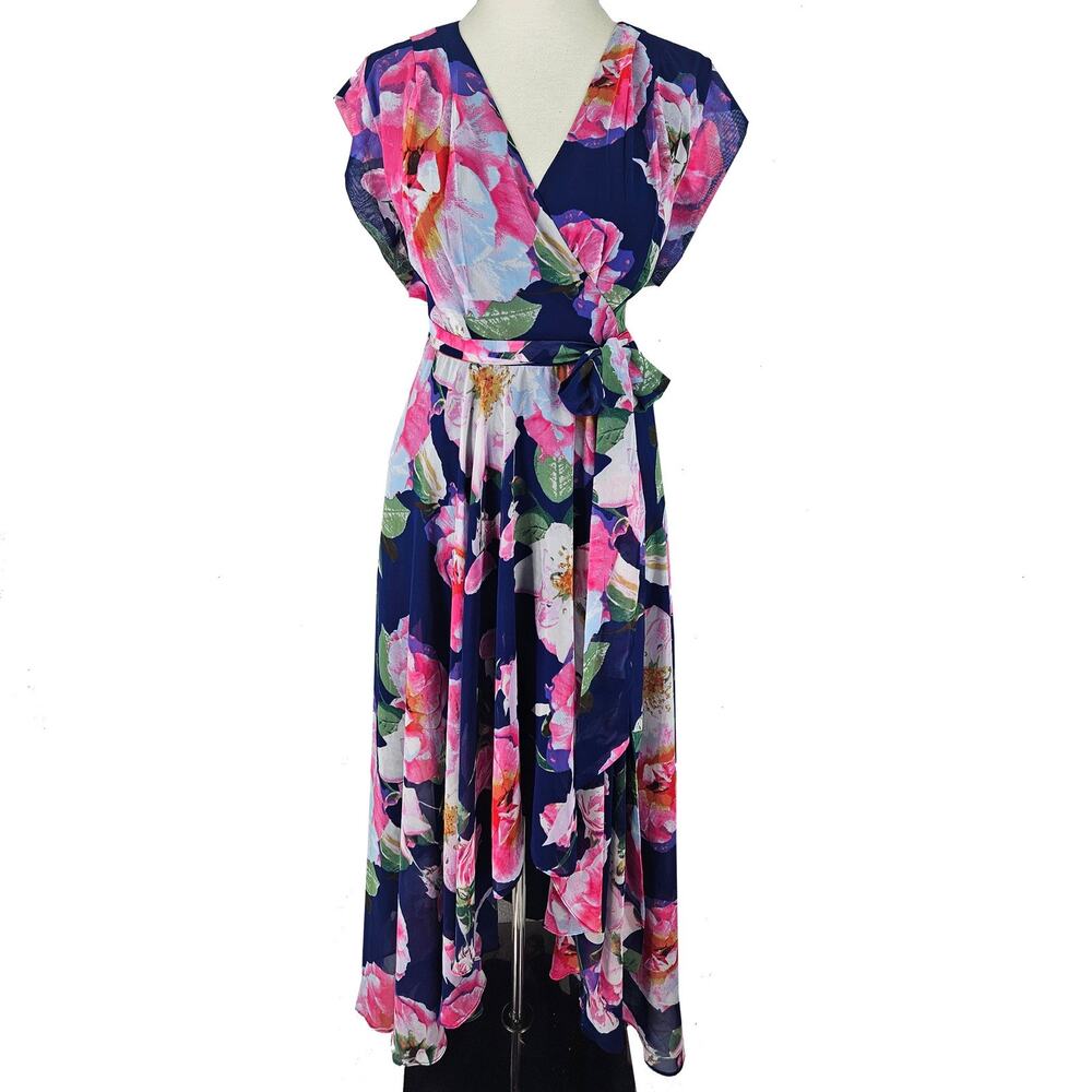 INC International Concepts blue pink floral chiffon high low maxi dress, 14W
